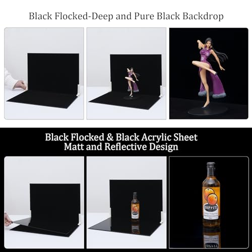 Product Photography Backdrop Kit, Reflective Black Acrylic Sheet & Light-Absorbing Flocked Backdrop Board, Tabletop Photo Background for Figurines, Jewelry and Cosmetics, 16x11.5in, MDAOCRY