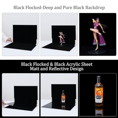 Product Photography Backdrop Kit, Reflective Black Acrylic Sheet & Light-Absorbing Flocked Backdrop Board, Tabletop Photo Background for Figurines, Jewelry and Cosmetics, 16x11.5in, MDAOCRY