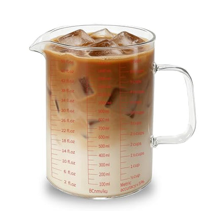 BCnmviku Glass Measuring Cup 6CUPS/1500ML/50OZ High Borosilicate [Insulated Handle | V-Shaped Spout]For Prepping Baking and Cooking Preheated Oven Dishwasher Freezer and Microwave Safe