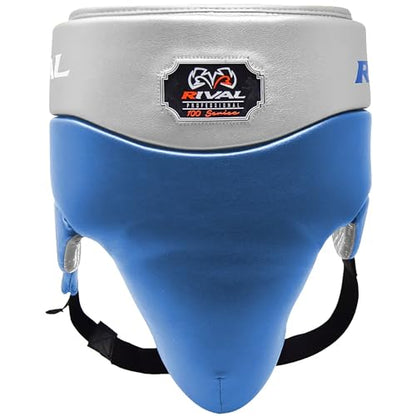 RIVAL Boxing RNFL100 Professional No-Foul Groin Protector with Laces, Dual Waist Straps, Ultra-Lightweight Construction, and Super-Rich Microfibre PU - color: Blue/Silver, size: Large