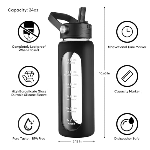 CIVAGO 24 oz Glass Water Bottle with Detachable Straw and Time Maker - color: .Navy Blue, size: 24 Ounces