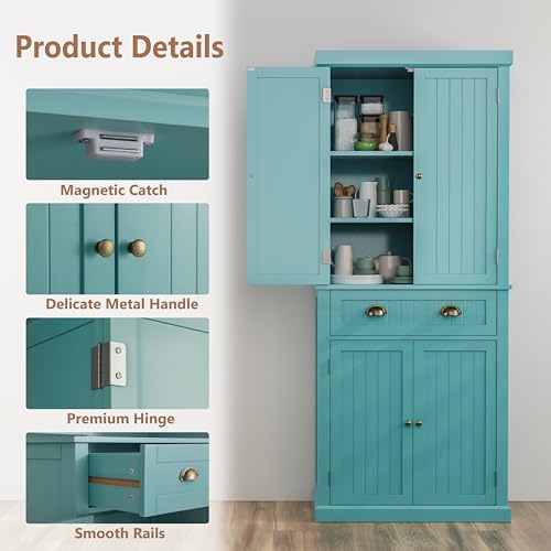 72" Kitchen Pantry,Tall Storage Cabinets with Doors and Shelves,Freestanding Pantry Cabinet for Bathroom,Dining Room and Living Room (Turquoise Blue) - color: Turquoise Blue