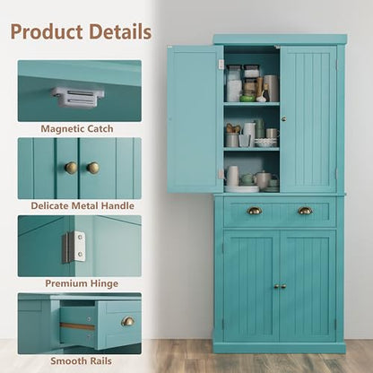72" Kitchen Pantry,Tall Storage Cabinets with Doors and Shelves,Freestanding Pantry Cabinet for Bathroom,Dining Room and Living Room (Turquoise Blue) - color: Turquoise Blue