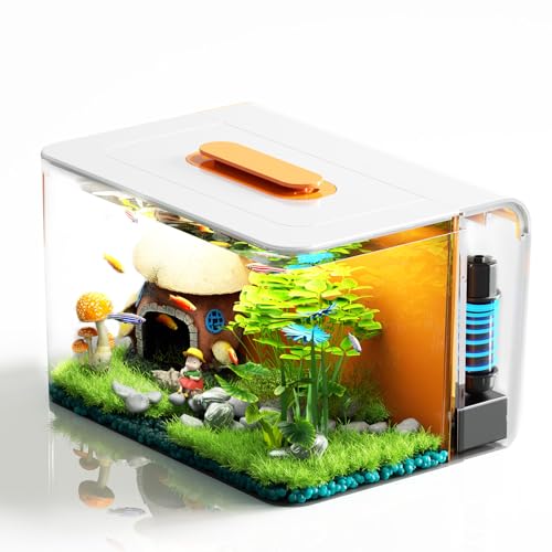 Small Fish Tank Aquarium Kit with Heater, Self Cleaning Hidden Filtration, Light, Lid, Adjustable Water Flow Pump, 2.5 Gallon, Acrylic