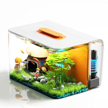 Small Fish Tank Aquarium Kit with Heater, Self Cleaning Hidden Filtration, Light, Lid, Adjustable Water Flow Pump, 2.5 Gallon, Acrylic