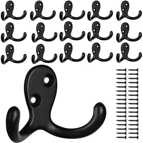 IBosins 16 Pack Black Double Prong Coat Hooks Wall Mounted with 32 Screws - color: 16 Pcs Black