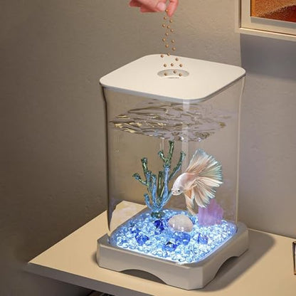 Small Fish Tank - LED Aquarium, Acrylic Mini Bowl with Feeding Hole, Compact Betta Container, Clear Stylish Design | Home Office Decoration, Desktop Display, Bedroom Aquarium, Small Aquatic Habitat - color: White