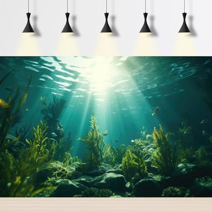 Aquarium Background Underwater Aquatic Plants Rocks Fish Tank Background Tropical Fish Sun Rays Landscapes Terrarium Backgrounds Undersea Rocks Green Seaweeds Reptile Tank Backgrounds Poster 30x12in - color: Green, size: 30(W)x12(H)in