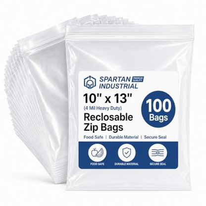 Spartan Industrial - 10” X 13” (100 Count) 4 Mil Thick Clear Reclosable Zip Plastic Poly Bags with Resealable Lock Seal Zipper - Heavy Duty and Durable - size: 10" X 13"