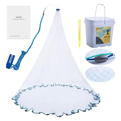 Goture American Fishing Cast Net Saltwater Freshwater, 3/8in Mesh Size Casting Net for Bait Fish Shrimp Trap, Dual Color Double Selvage Add Tape, Throw Cast Nets with Needle