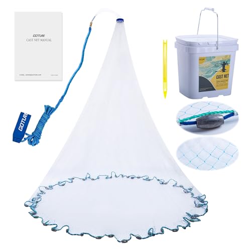 Goture American Fishing Cast Net Saltwater Freshwater, 3/8in Mesh Size Casting Net for Bait Fish Shrimp Trap, Dual Color Double Selvage Add Tape, Throw Cast Nets with Needle