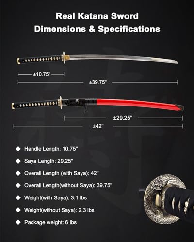 Katana Samurai Sword for Display, Hand Forged Full Tang 1045 Carbon Steel - style: Red Dragon
