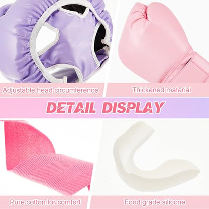Kanayu 14 Pcs Boxing Gloves and Headgear Set for Beginners Youth 16 Ounce Boxing Gloves Headgear Helmet Hand Wraps Mouth Guards Equipment for Beginners Training Equipment Gifts - color: Purple, Pink