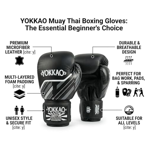 Yokkao Muay Thai Boxing Gloves – Essential Gloves for Beginners Men & Women Microfiber Leather Multi-Layered Foam Padding & Secure Fit - size: 10oz