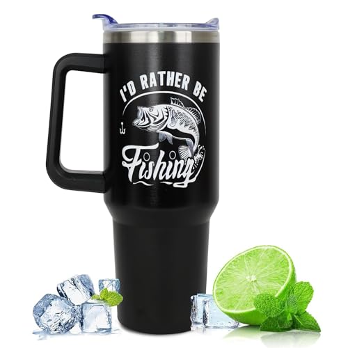 Fishing Gifts For Men,40oz Fishing Tumbler With Handle, Funny Gifts For Dad Grandpa,Birthday Gift For Fisherman,Coffee Cups With Straw and Lid