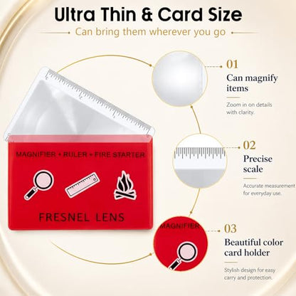 Frienda 50 Pcs Pocket Magnifying Glass 4X Fresnel Lens Credit Card Pocket Magnifier Plastic Ruler Starting Fire Emergency Bushcraft Outdoor Survival Leisure for Classroom Home Office (Red) - color: Red