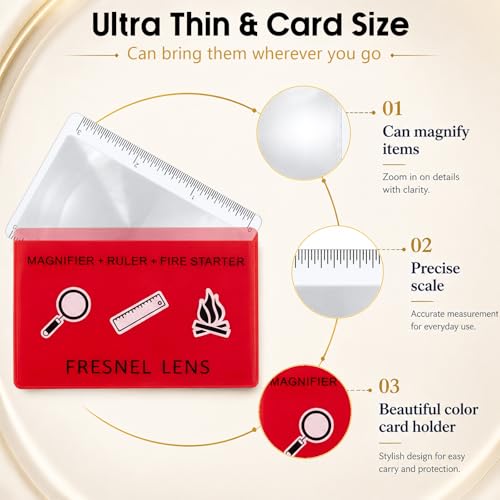 Frienda 50 Pcs Pocket Magnifying Glass 4X Fresnel Lens Credit Card Pocket Magnifier Plastic Ruler Starting Fire Emergency Bushcraft Outdoor Survival Leisure for Classroom Home Office (Red) - color: Red