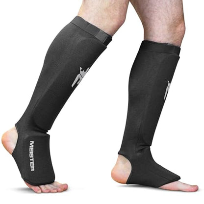 Meister MMA Elastic Cloth Shin & Instep Padded Guards (Pair) - color: Black, size: Small-Medium