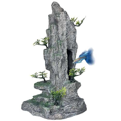 Aquarium Decor - Tall and Large Mountain Rock Ornament for Fish Tank, Aquarium Hideout with Rock Texture for Betta, Guppy, Shrimp - Safe Aquatic Decoration, Fish Hiding House（Grey） - color: Tall Peak Rock - Grey