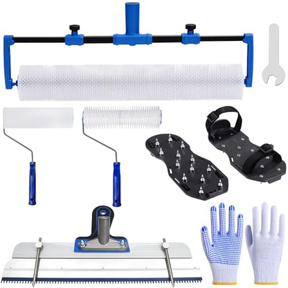 18-Inch Self-Leveling Cement Tool Kit, Upgraded Spike Roller Set with 9-Inch Spike Roller, Epoxy Shoes Spikes & Gloves, Floor Leveling Tools for Epoxy & Concrete Coating (5)