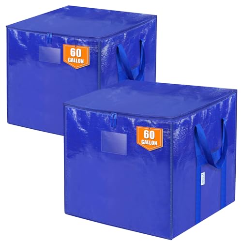 TICONN 2 Pack Extra Large Moving Bags with Zippers & Carrying Handles, Heavy-Duty Storage Tote Moving Boxes for Space Saving (2 PK, 60 Gallon) - color: Blue-60 Gallon, size: 2 Pack