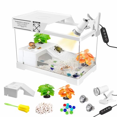 GOZILLA Mini Turtle Tank Kit with Adjustable Lamp, Upgrade PC Hermit Crab Tank,Small Turtle/Hermit Crab Starter Kit with Lid, Hideout Platform for Baby Turtles, Crabs, Fish.(11.8×7.24×7.1''/White Kit) - color: Mini-White02