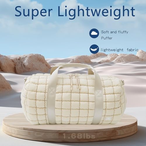 Quilted Gym Bag for Women,Duffle Bag for Travel with Wet Pocket,Carry on Weekender Bags for Women,Travel Bag with Shoe Compartment(Beige) - color: Beige