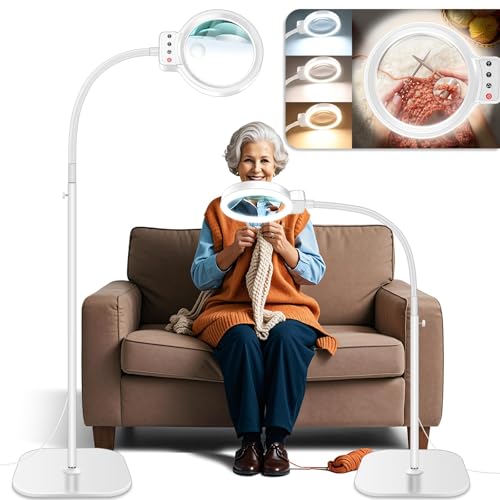 30X 10X Large Floor Magnifying Glass with Light and Stand,72 LED Flexible Gooseneck Floor Magnifying Lamp,2 in 1 Lighted Magnifiers for Close Work, Sewing,Crafts,Hobbies（White） - color: White