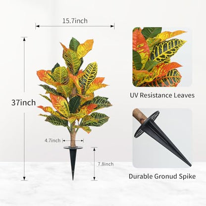 UV-Resistance 35inch Artificial Croton Plant, 2 Pack Fake Croton with Ground Spike, Faux Fiddle Leaf Fig Tree for Outdoor Home Decor