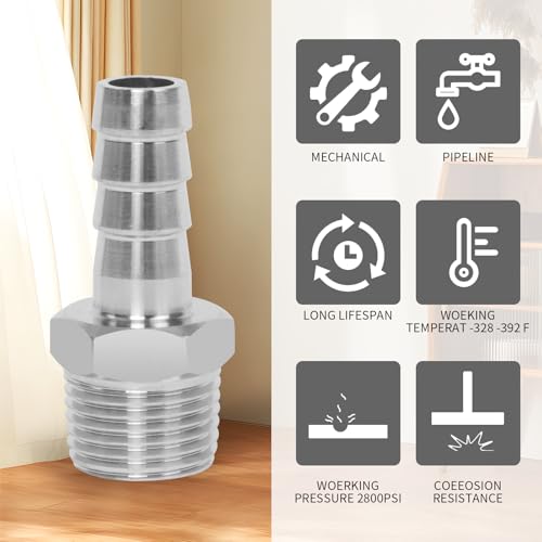 ChillWaves 304 Stainless Steel Air Hose Fittings, Hose Barb Fittings 3/8" Barb x 3/8" NPT Male Thread Adapter with Hose Clamp(3-PACK)