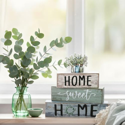 4 Pcs Spring Eucalyptus Mason Jar Wooden Block Decor Farmhouse Tiered Tray Signs Home Sweet Home Tabletop Centerpiece for Kitchen Shelf Decoration Housewarming Gifts
