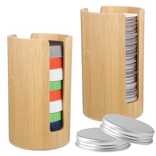 2Pcs Mason Jar Lid Organizer, Bamboo Vertical Storage Holder, Mason Jar Accessories, Bamboo Storage Holder for Home Kitchen Organization & Tumbler Lids (Wide Mouth)
