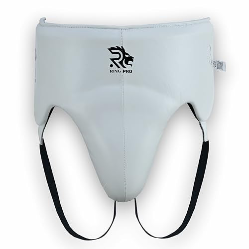 Aura 100 No Foul Boxing Groin Protector with Built-in Cup, Cowhide Leather Groin Guard for Men MMA Muay Thai Kickboxing Sparring Gear, Black/White, S-XL - color: White, size: Large
