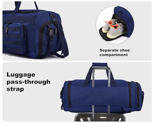 LHI 50L Tactical Duffle Bag for Men, 3-in-1 Gym Duffle and Backpack, Shoe Compartment, Laptop Sleeve and MOLLE, Carry-On Travel Weekender and Overnight Bag – Blue - color: Blue