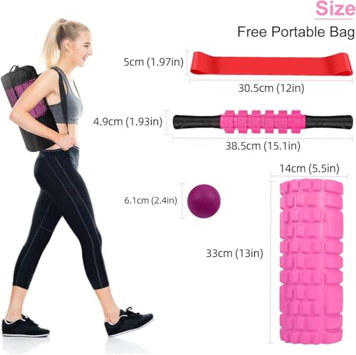 Aucuu 6 in 1 Foam Roller Set Includes Hollow Core Massage Roller, Yoga Stick, Massage Ball, Fitness Stretching Strap, Carrying Bag, Towel, Massage Roller (Pink) - color: Pink