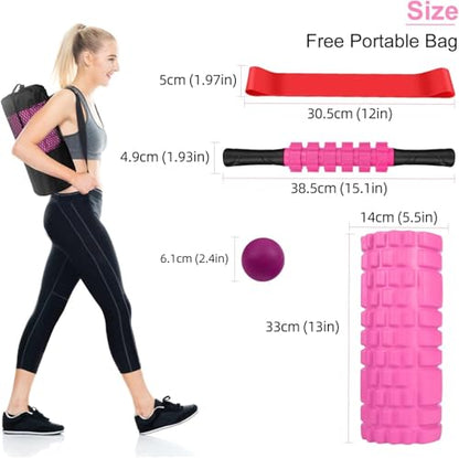 Aucuu 6 in 1 Foam Roller Set Includes Hollow Core Massage Roller, Yoga Stick, Massage Ball, Fitness Stretching Strap, Carrying Bag, Towel, Massage Roller (Pink) - color: Pink