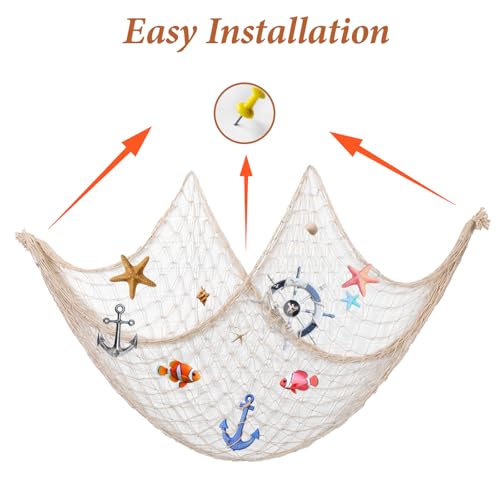 6 Pack Natural Cotton Fish Net Decorations, Beige Wall Hanging Party Fishing Net Decor for Pirate, Mermaid, Hawaiian, Ocean Themed, Beach Bash Decoration, 78.7x40 Inch