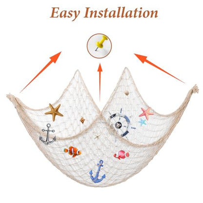 6 Pack Natural Cotton Fish Net Decorations, Beige Wall Hanging Party Fishing Net Decor for Pirate, Mermaid, Hawaiian, Ocean Themed, Beach Bash Decoration, 78.7x40 Inch