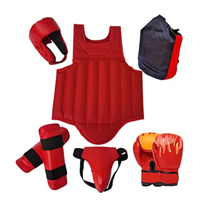 Sparring Gear Set Double Layer Thickening Sparring Gear Set,Martial Arts Protector Equipments,Sanda Kickboxing Kit 6 Pcs Set - color: Red, size: Small