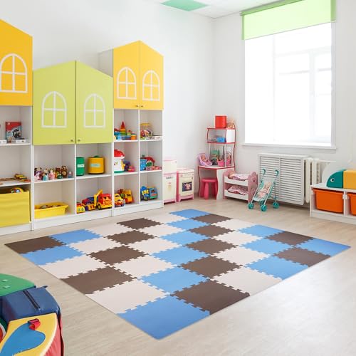 BalanceFrom 16-Pack 12x12 Inches EVA Interlocking Foam Play Tile Mat, Blue/Brown/Beige – 0.4-Inch Thick Non-Slip Puzzle Flooring for 16 Square Feet in Playroom, Nursery, or Playpen at Home
