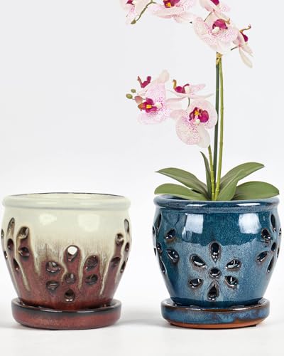 4 Inch Ceramic Orchid Pots with Drainage Holes and Saucers, 2 Pcs Small Planters for Orchids Succulents Repotting, Indoor Outdoor Ceramic Flower Pots for Healthy Root Growth (Blue Brown Mixed) - color: Blue, Brown Mixed