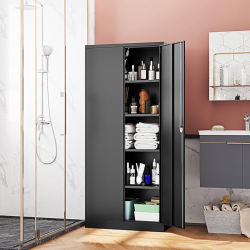 Metal Storage Cabinet-71” Tall Steel File Cabinets with Lockable Doors and Adjustable Shelves-Black Steel Storage Cabinet for Home,Kitchen, School, Office, Garage