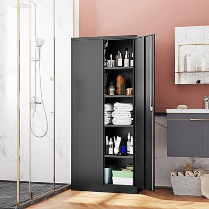 Metal Storage Cabinet-71” Tall Steel File Cabinets with Lockable Doors and Adjustable Shelves-Black Steel Storage Cabinet for Home,Kitchen, School, Office, Garage