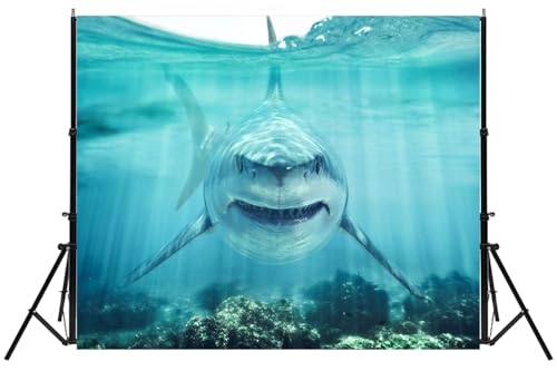 8x6ft Shark Underwater Backdrop, White Shark Ocean Theme Party Decorations, Under The Sea Birthday Banner, Aquarium Background, Kids Photo Booth Props - size: 8X6FT