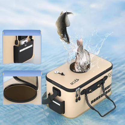 Collapsible Fishing Bucket 12L/22L/34L - Live Bait Container and Portable Bucket with Inflatable Hole, Collapsible Fish Transport Box for Camping, Fishing and Traveling (50CM-34L) - size: 50CM-34L