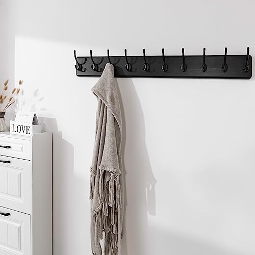 SKOLOO Rustic Wall Mounted Coat Rack, 10 Hooks, 38", Solid Wood, Black - color: Black, size: 38 inch