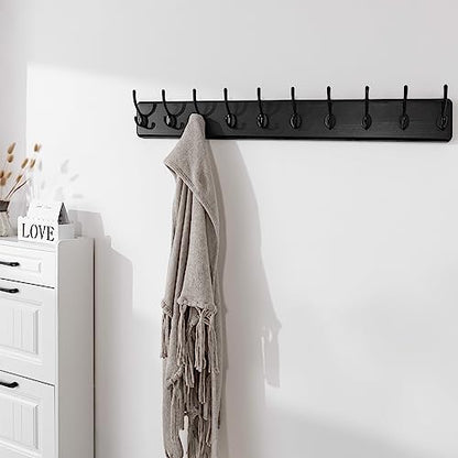 SKOLOO Rustic Wall Mounted Coat Rack, 10 Hooks, 38", Solid Wood, Black - color: Black, size: 38 inch