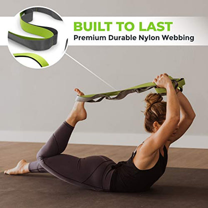 Stretching Strap for Physical Therapy, 12 Multi-Loop Stretch Strap 1.5" W x 8' L, Neoprene Handles, Physical Therapy Equipment, Yoga Straps for Stretching, Leg Stretcher. - color: Green/Grey