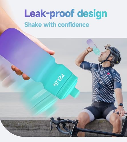 Bike Water Bottle, Squeeze Water Bottle Leakproof BPA Free 24oz | with Capacity Scale w/Pull Top Lid, Reusable, for Bicycle, Gym,Camping, Hiking - color: Green pink