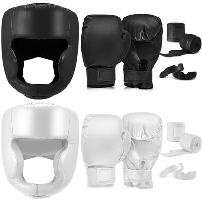 Kanayu 14 Pcs Boxing Gloves and Headgear Set for Beginners Youth 16 Ounce Boxing Gloves Headgear Helmet Hand Wraps Mouth Guards Equipment for Beginners Training Equipment Gifts - color: Black, White